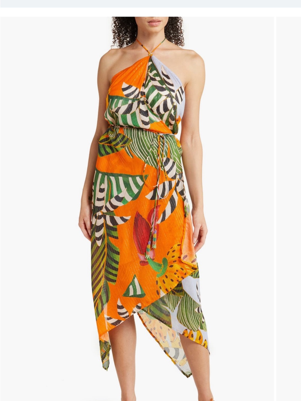 FARM Rio Orange Multicolor Tropical Halter Midi Dress